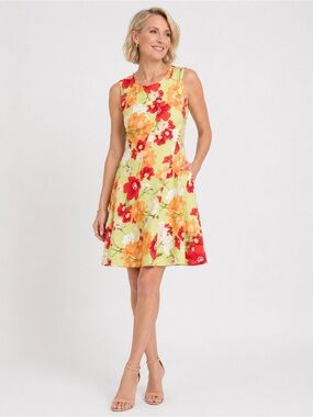 Vince Camuto Scuba Fit Flare Dress Floral Sleeveless Lime Green Orange 12 NWT